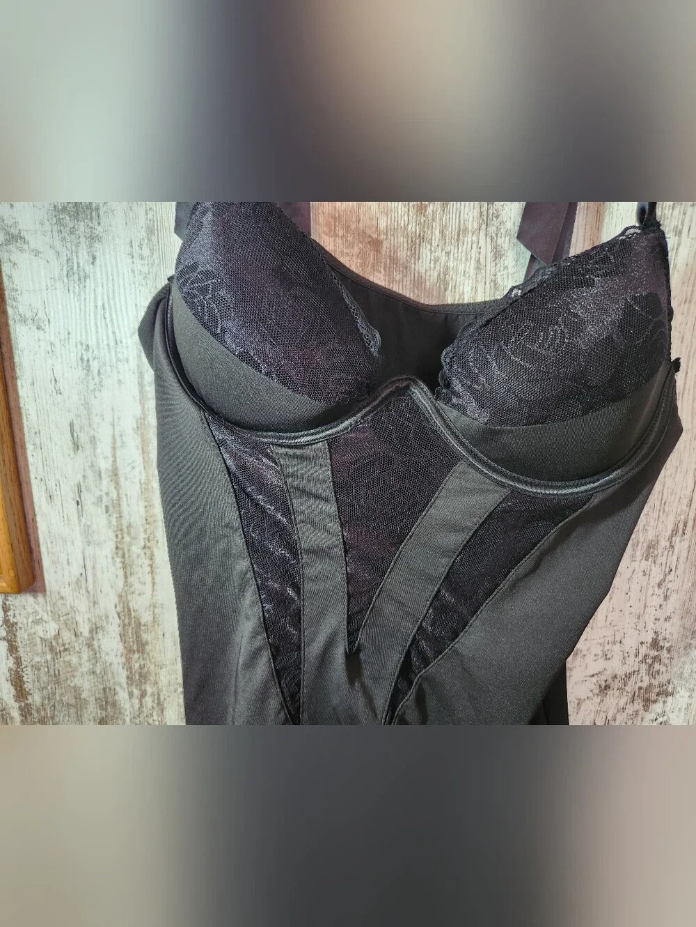 Black Satin & Lace Bustier Camisole with Ribbon Straps Sexy Witch Vibes Size L